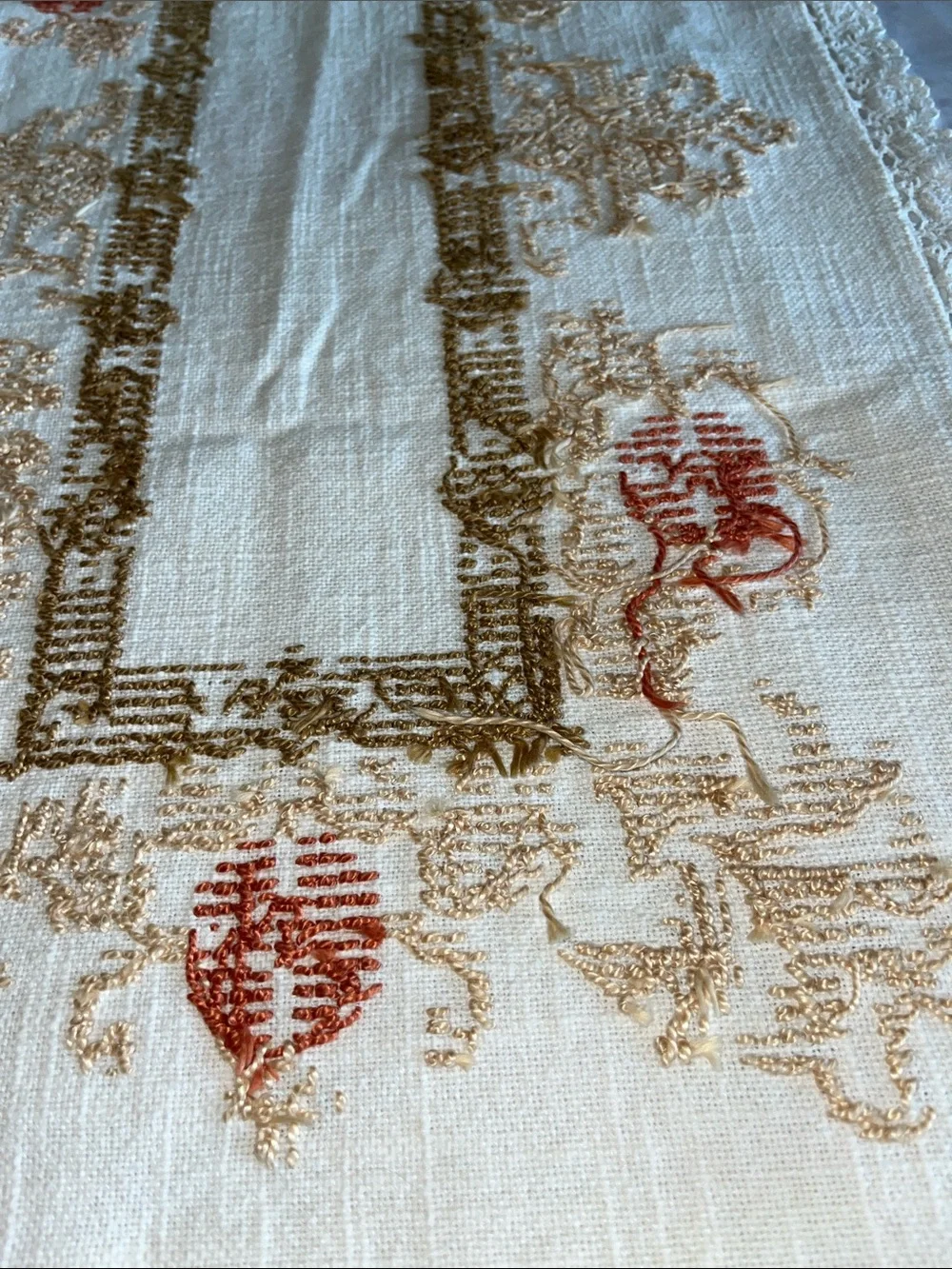 Hand-Embroidered Cream Linen Table Runner with Rust Floral Accents 17” x42”